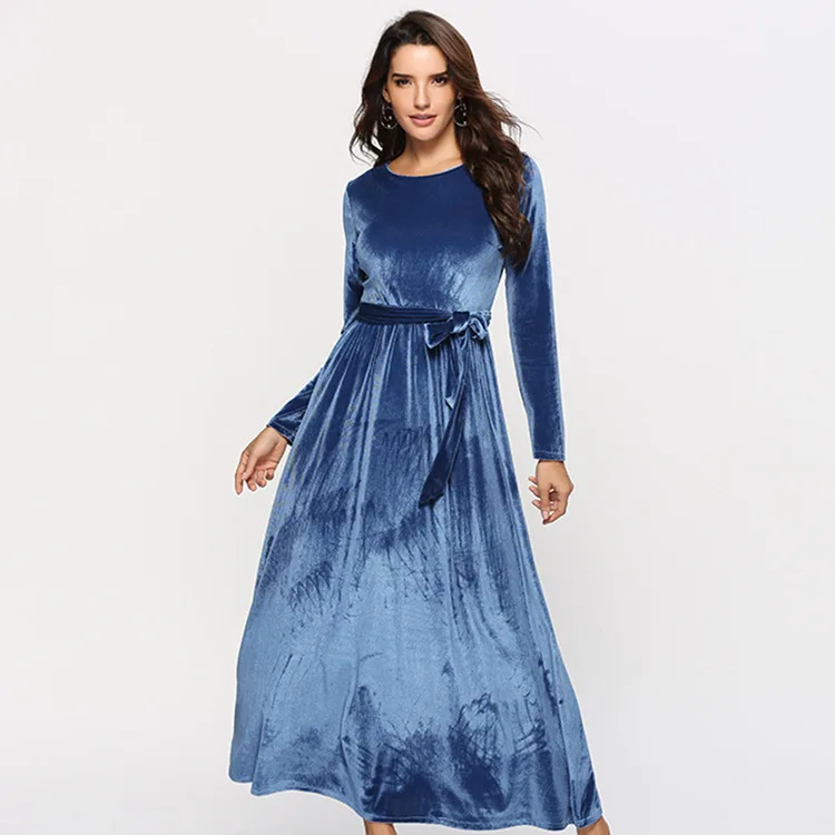 

2019 Spring New Arrival Velvet Vestido Longo With Sash Vintage Dress Of Fine Fabric Solid Color O Neck High Waist Free Shipping