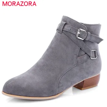 

MORAZORA 2020 newest flock round toe ankle boots for women buckle autumn winter boots solid color square heels shoes woman