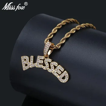 

MISSFOX Hip Hop Women Men God Blessed Nameplate Necklace Pendant 24K Gold Plated Cubic Zirconia Iced Out Initial Letter Necklace