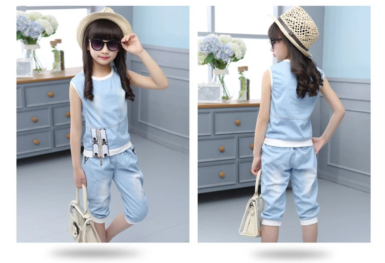 New Summer Girls Clothing Set Sleeveless Shirt Shorts Children Clothes Sets For Girls Teenager Sports Suits Denim Kids Tracksuit (1)