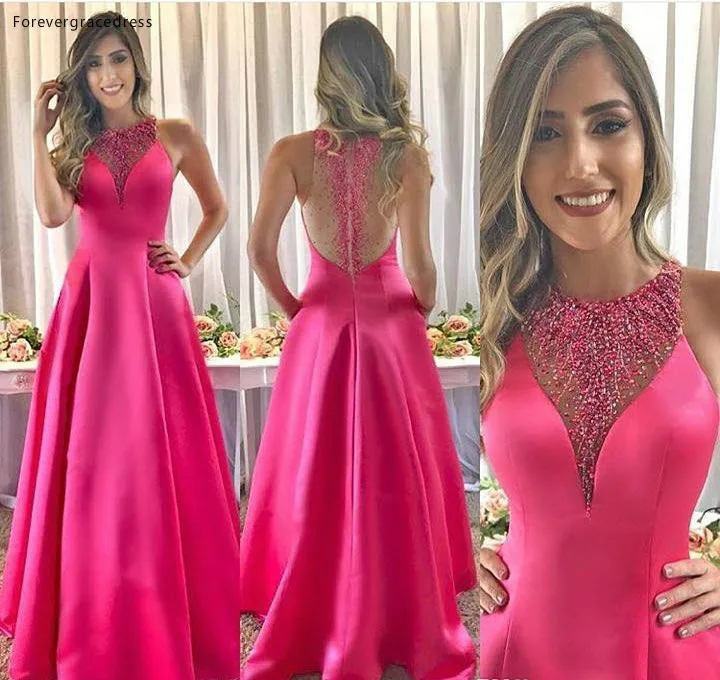 Fuchsia Evening Dresses 2019 A Line Beaded Sequined Long Satin Pageant Gowns Prom Dress Sheer Backless Custom Made Arabic Robes  169