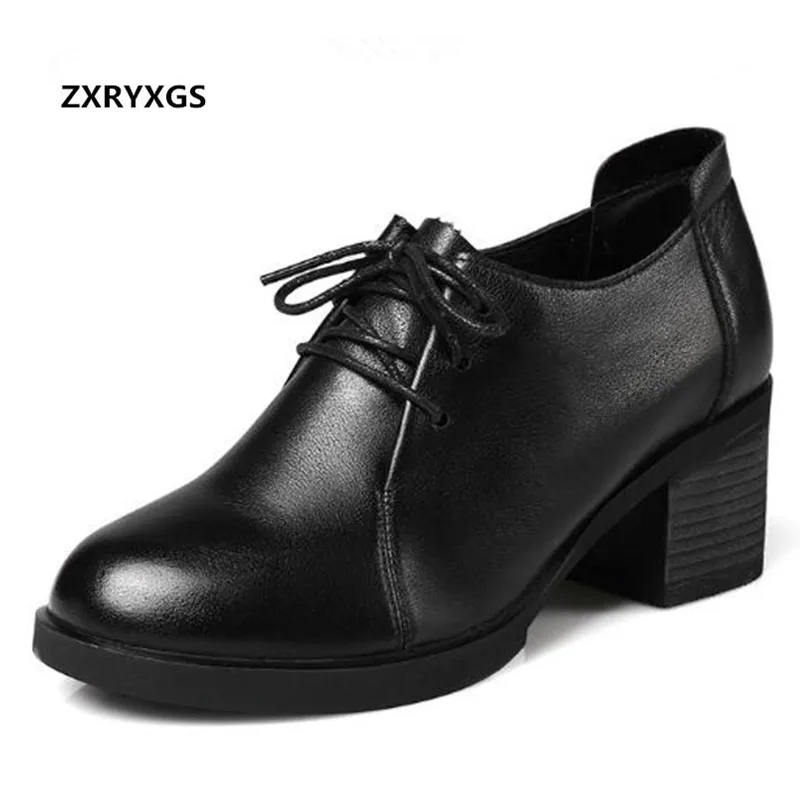 

ZXRYXGS Brand Shoes Woman High Heel Shoes 2019 Newest Real Cowhide Leather Shoes Women Shoes Deep Mouth Lace Casual High Heels