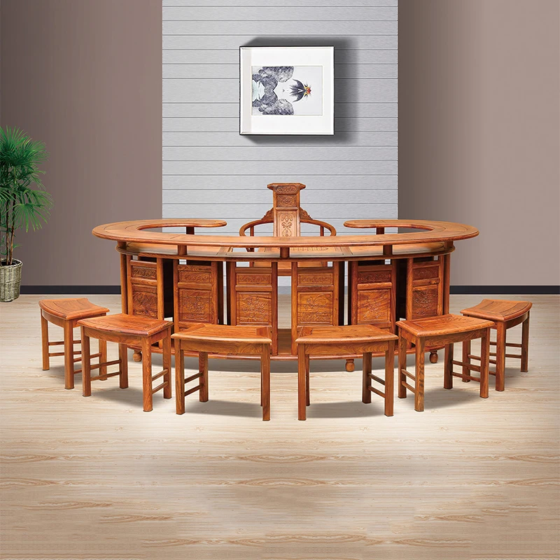 8 Pcs/Set Red Solid Wood Furniture Traditional China Style Tea Table And Chair Large Waist Desk Hedgehog Rosewood Furnishings