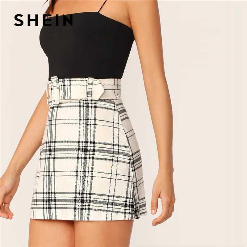 Ceny SHEIN Ladies biała klamra z paskiem spódnica w kratę w stylu koreańskim kobiety Preppy spódnica z wysokim stanem rozciągliwa wiosna lato Mini spódnica