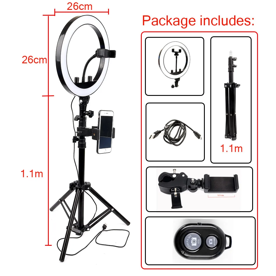 Диммируемый светодиодный 26 см селфи кольцо свет фотография телефон видео кольцо лампа для макияжа Youtube видео для студий с живым звуком+ штатив телефон клип - Цвет: Белый