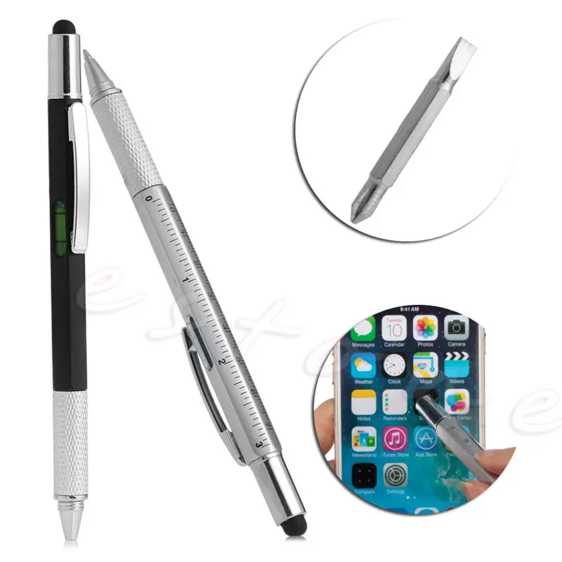 

OOTDTY 6 in1 Touch Screen Stylus Ballpoint Pen with Spirit Level Ruler Screwdriver Tool