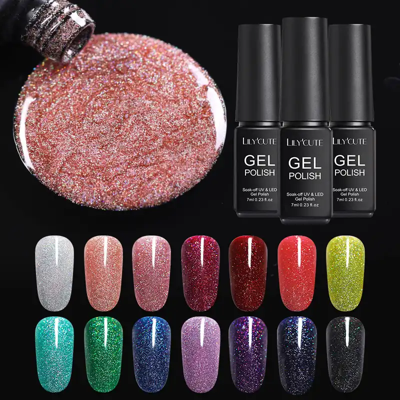 Lilycute 7ml Holographic Glitter Sequins Gel Polish Shimmer Red