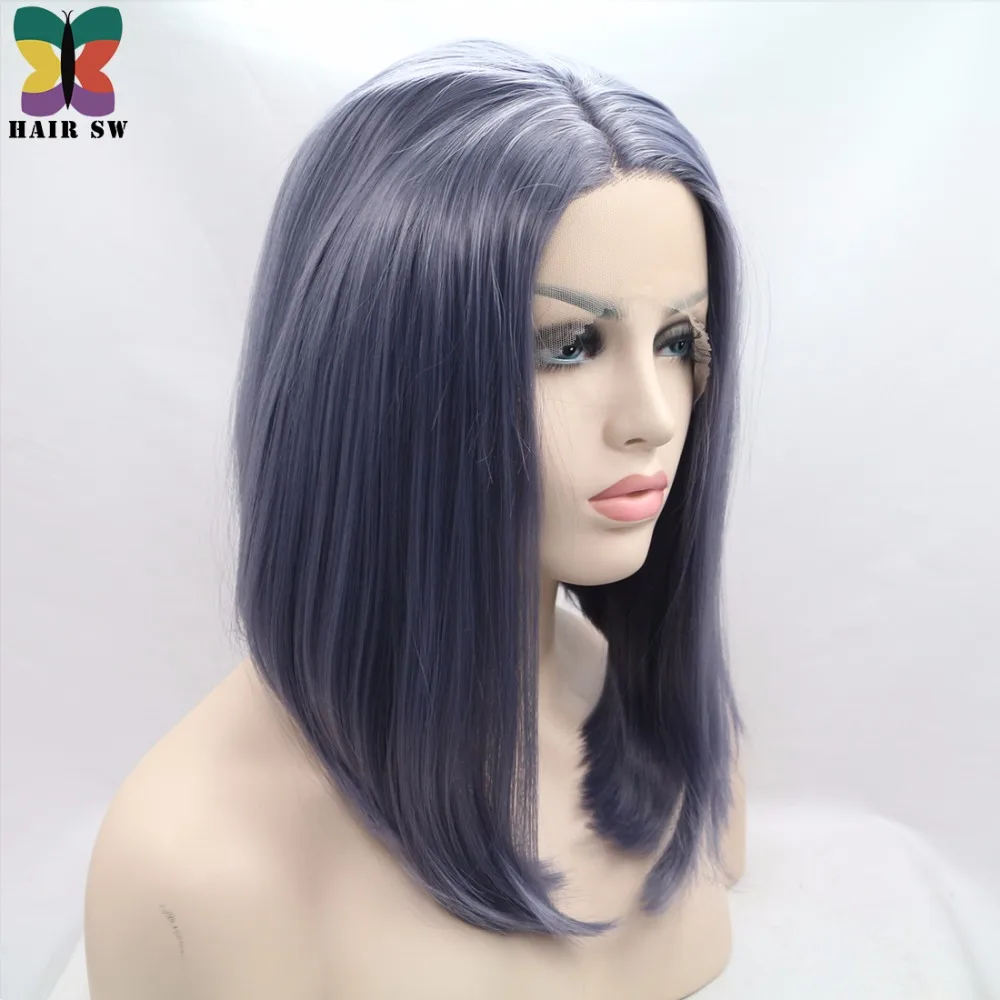 SW RAMBUT Pendek Lurus Renda Depan Wig Smokey Abu Abu Biru Tua