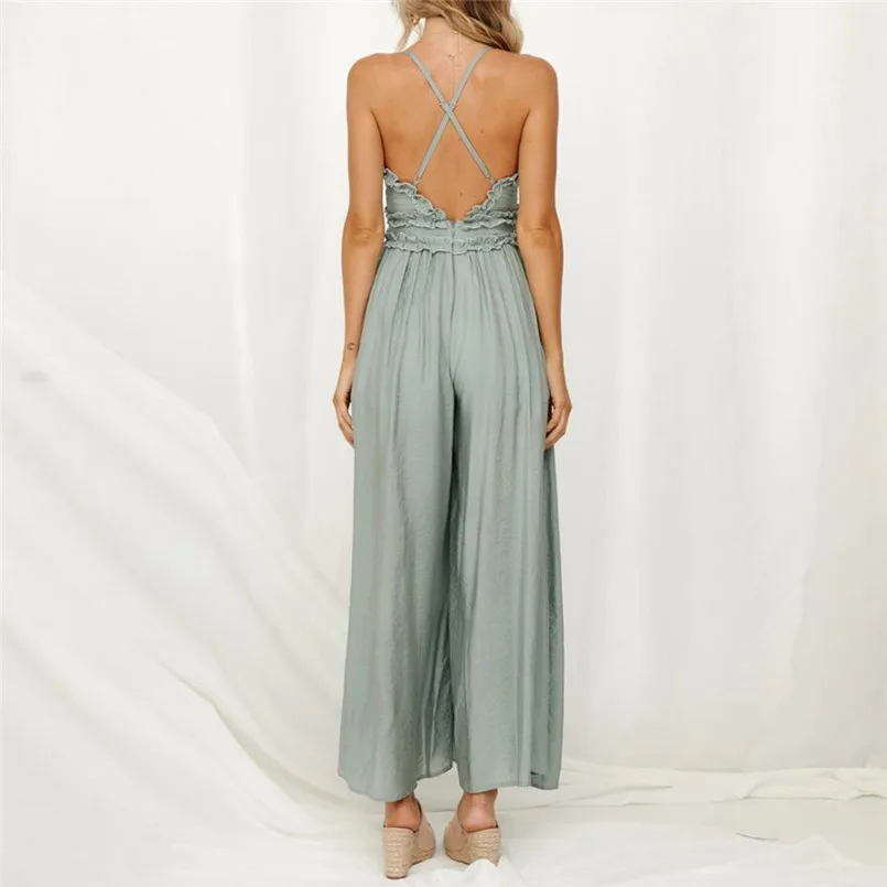 New Fashion Women Summer Sexy  Sleeveless V Neck Solid Ruffle Loose Sling Jumpsuit Elegant Lady Casual Bodysuits Playsuit #4R08 (17)