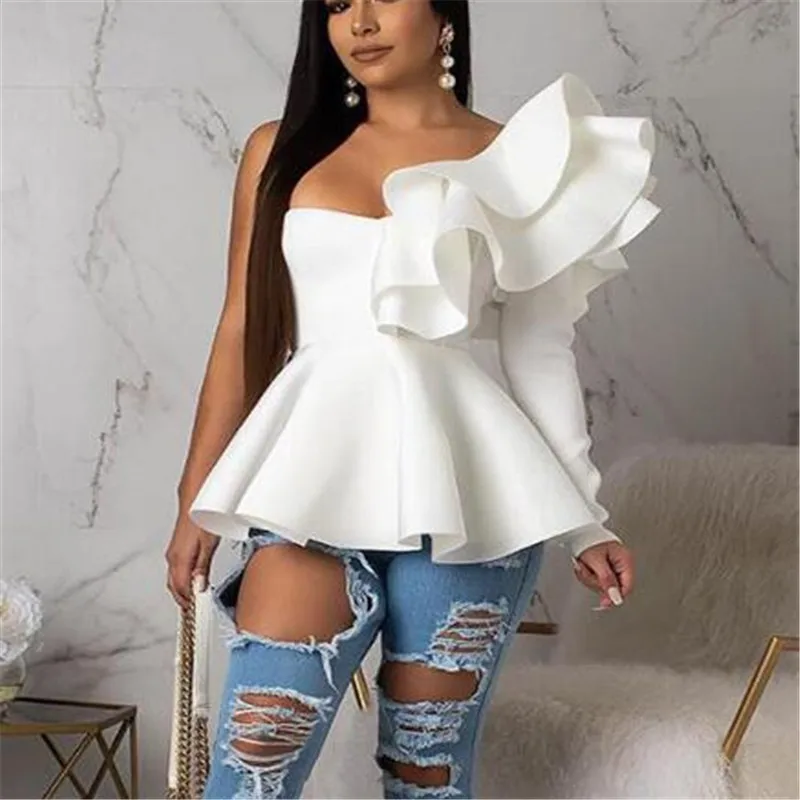 

Women Blouse One Shoulder Tops Sexy Peplum Ruffles Slim Party Wear 2019 Summer Fashion Elegant Ladies White Red Bluas Shirts