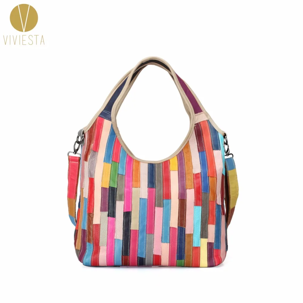 

STRIPED PATCHWORK GENUINE LEATHER HOBO Women Fashion Casual Rainbow Real Soft Skin Large Handmade Tote Shoulder Bag Handbag