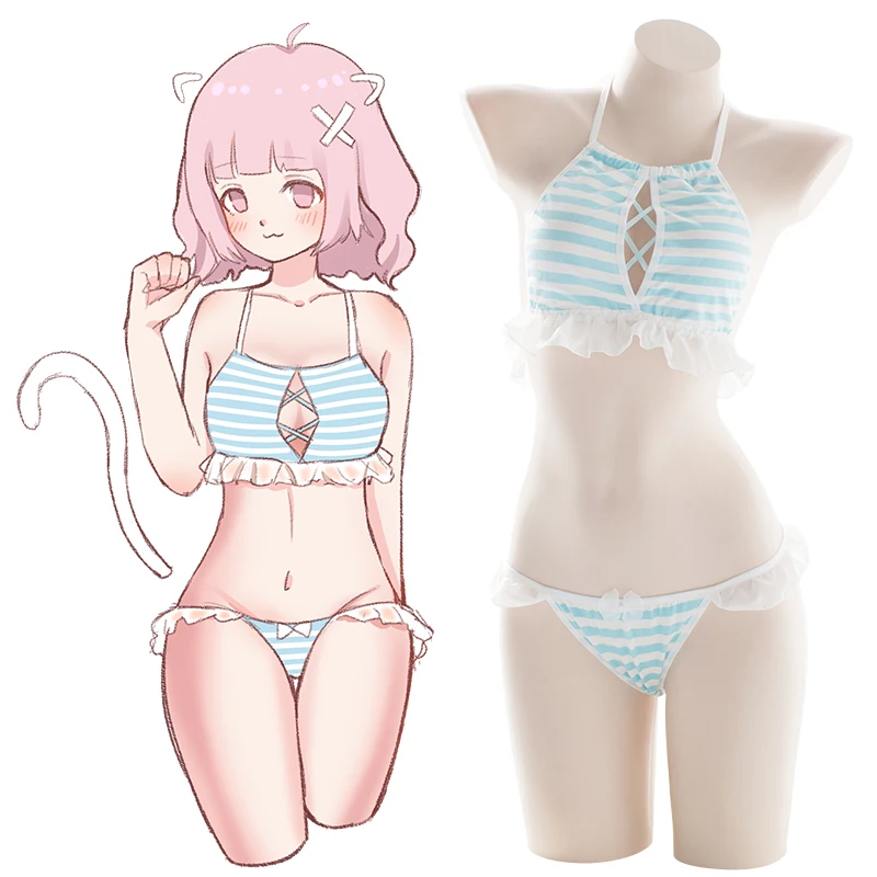 

Japanese Sexy Women Lingerie Set Lolita Girls Cute Blue Pink Stripe Intimates Set Anime Cosplay Underwear Camisoles Set