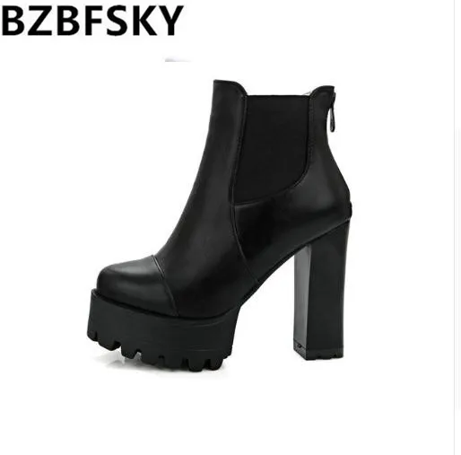 

BZBFSKY Women's Zipper Ankle Boots Platform Thick High Heel Ladies Boots Winter Woman Shoes red gray Black Plus Size43