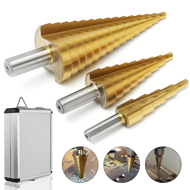 3Pcs 4-12/20/32mm Large HSS Steel Step Cone Spiral Flute Drill Bit Set Titanium Bit Hole Cutter Sharpening With Aluminum Box