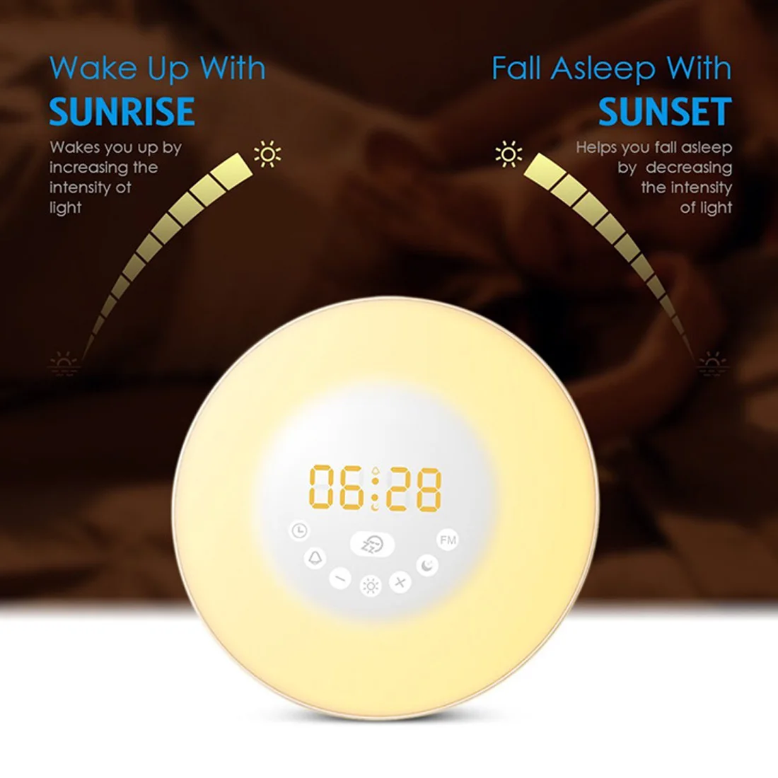 LED Wake Up Light Alarm Clock Sunrise/Sunset Simulation Digital Clock with FM Radio 7 Colors
