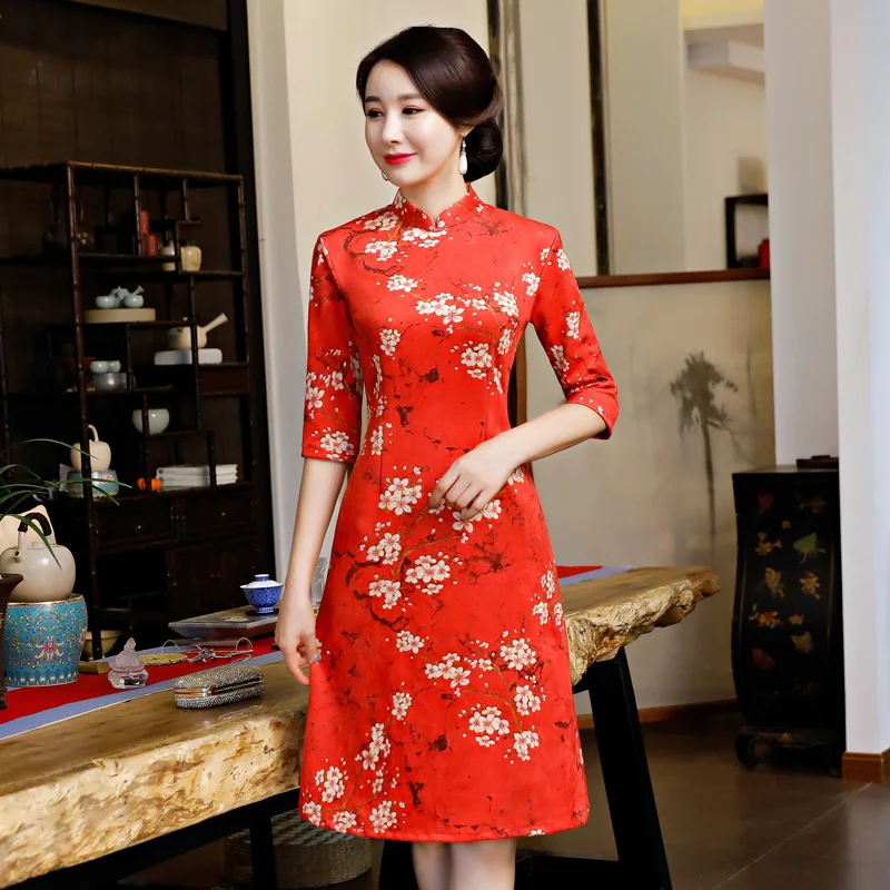 Весна длинный Cheongsam Новинка китайский стиль платье женские замшевые Qipao тонкие Вечерние платья женские пуговицы Vestido размер S-3XL