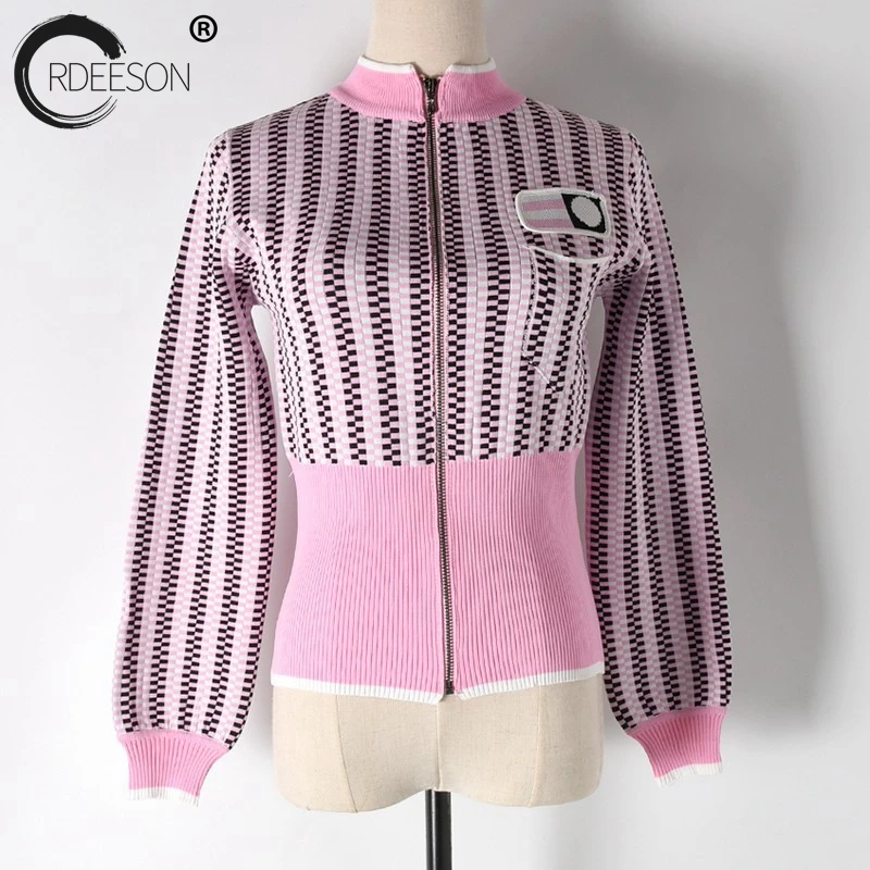 ORDEESON Sweaters Cardigans High Waist Zipper Check Thin