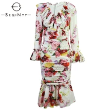 SEQINYY Sexy Dress Flowers Printed High Quality V-neck Lace Draped Long Sleeve Summer Spring Slim Knee Trumpet Dress