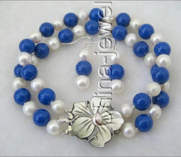 

Free Shipping >>>>>Beautiful 8" 2row 8mm natural round FW pearl - lapis lazuli bracelet & earring