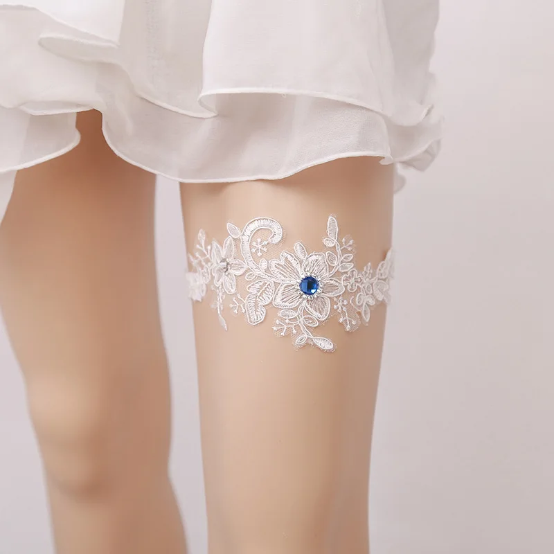 

Wedding Garter Blue Rhinestone White Embroidery Floral Sexy Garters for Women/Female/Bride Thigh Ring Bridal Leg Garter