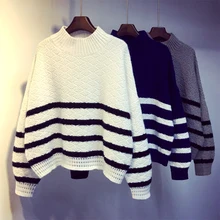 Свитера с круглым вырезом, полный рукав, короткие пуловеры, обычная полосатая плотная зимняя женская мода, повседневная