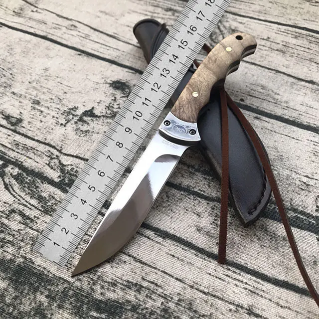 

HOT SALE 5Cr15mov blade 57HRC shadow wood handle hunting fixed blade knife outdoor camping tool tactical knives leather sheath