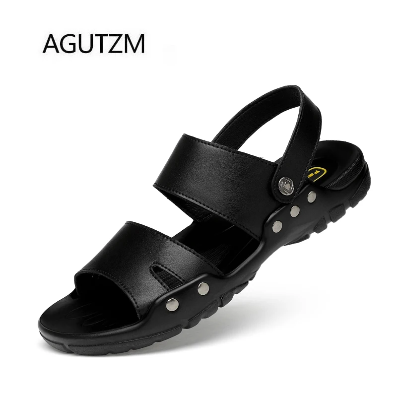 

AGUTZM 1733 New Summer Solid Black Split Leather Fashion Rivets Adjustable Belt Rubber Sole Men's Sandals Plus Size : 38 - 52