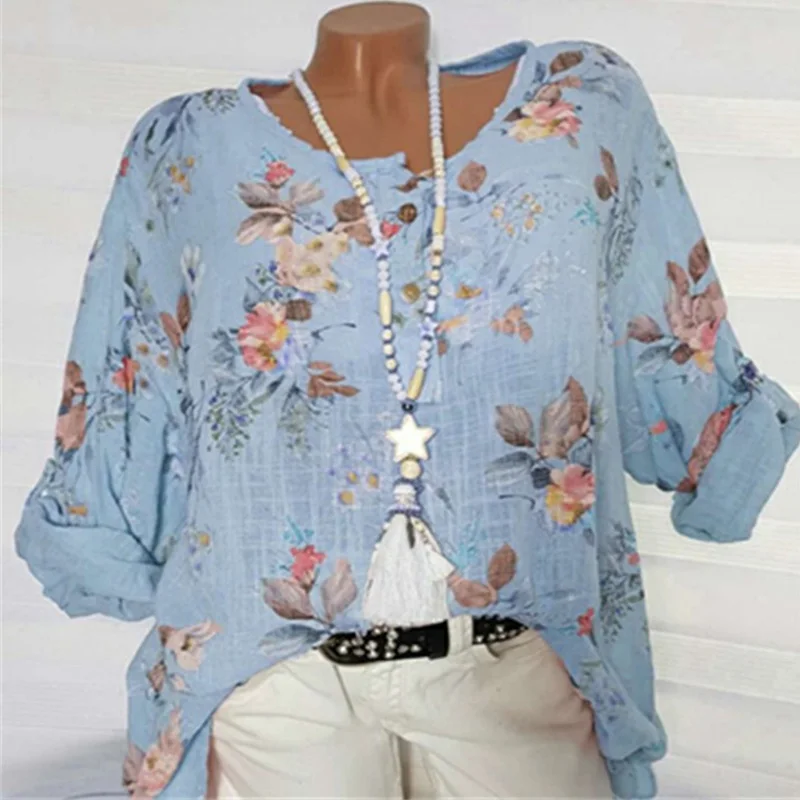 Plus Size  5XL 4XL Summer Floral Women Shirts 2019 Long Sleeve O Neck Boho Loose Beach Ladies Tops Print Buttons Blouses Shirt
