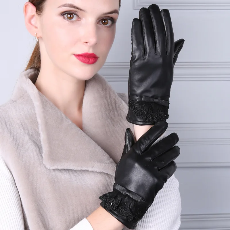 2017 Fashion Genuine Leather Gloves Female Winter Sheepskin Thermal