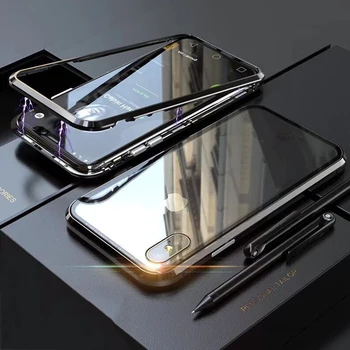 

Magnetic Adsorption Flip Case For iPhone X 8 7 Plus Metal Frame Bumpers Tempered Glass 360 Full Cover For iPhone 7 7 Plus Case