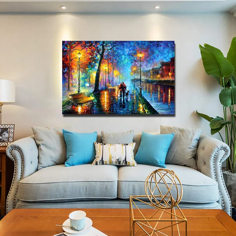 

Landscape Oil Painting on Canvas Lover Rain Street Tree Lamp 3D Texture Palette Knife Abstract Landscape Art Paintings Canvas