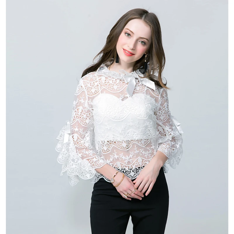 

HIGH QUALITY New Fashion 2019 Designer Blouse Tops Women's Flare Sleeve Bow Hollow Out Lace Blouse Shirt