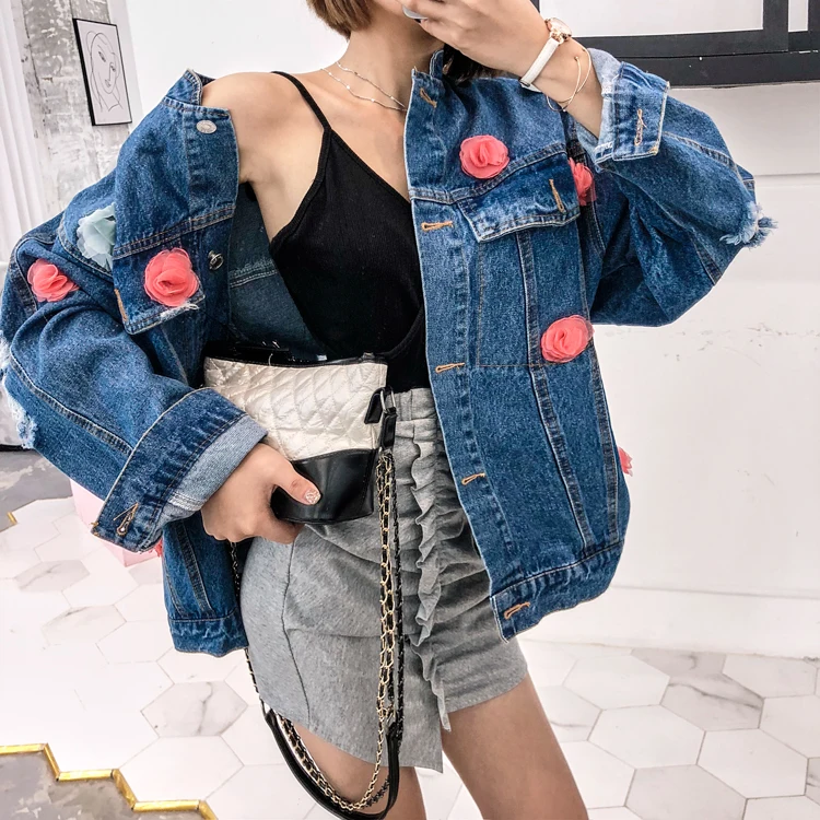 

YingYuanFang 2019 new Korean color flower loose hole denim jacket