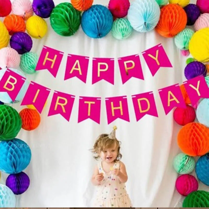 

Children's party happy birthday banner pink gold paper wreath boy girl blessing birthday decoration kids love party supplies