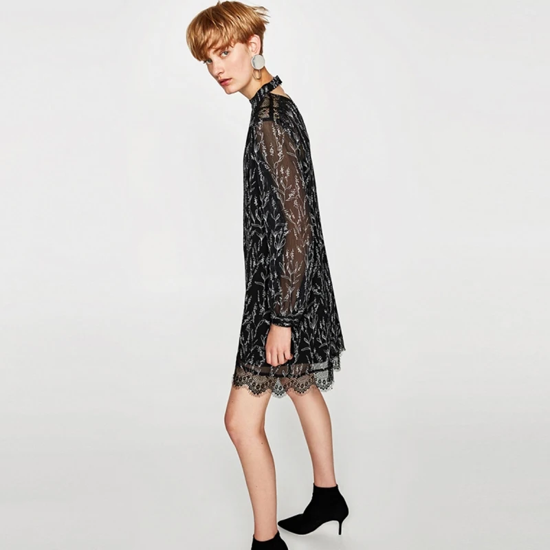 HYH HAOYIHUI Lace Patchwork Printed Pattern Dress Key Hole Back Long Sleeve Shift Women Dresses Vintage Party Mini Fashion|women dress
