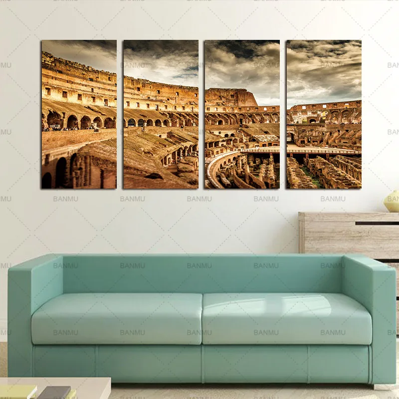 4 Piece Modern Wall Canvas Painting Rome Colosseum Building Home Decorative Art Picture Paint on