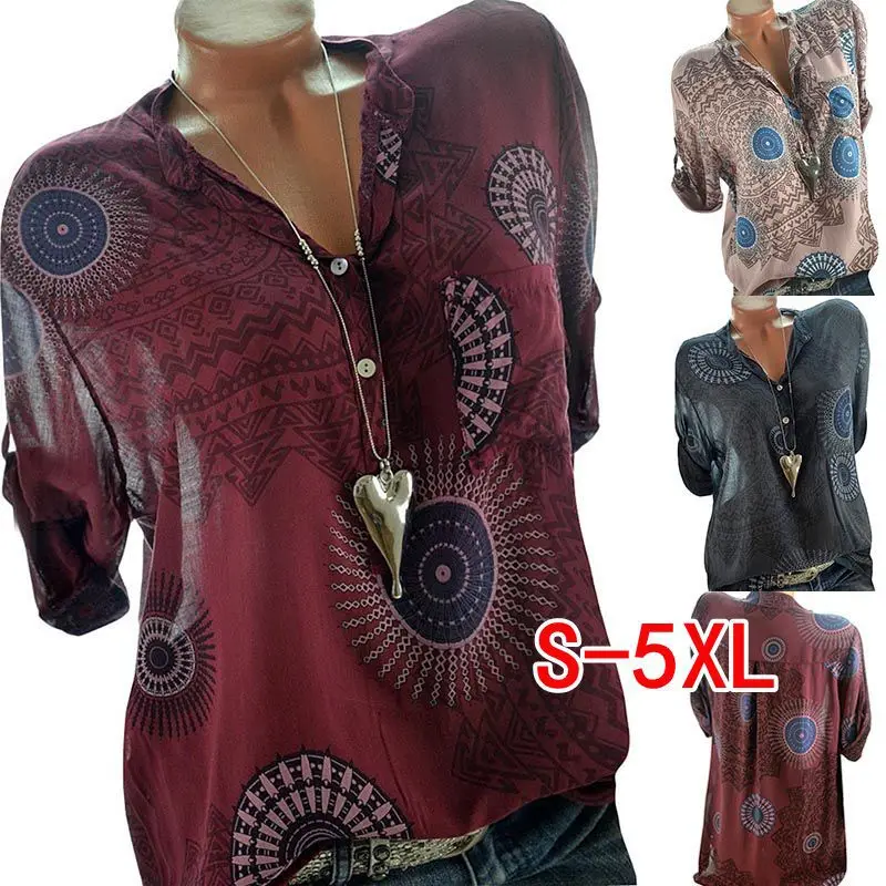 Новинка, женская блузка большого размера, летняя рубашка с коротким рукавом и принтом, Женская S-5XL