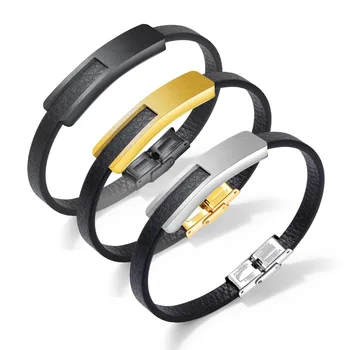 

High quality punk charm black leather bracelet Men's creative stainless steel wristband cuff jewelry gift 3-PH1288