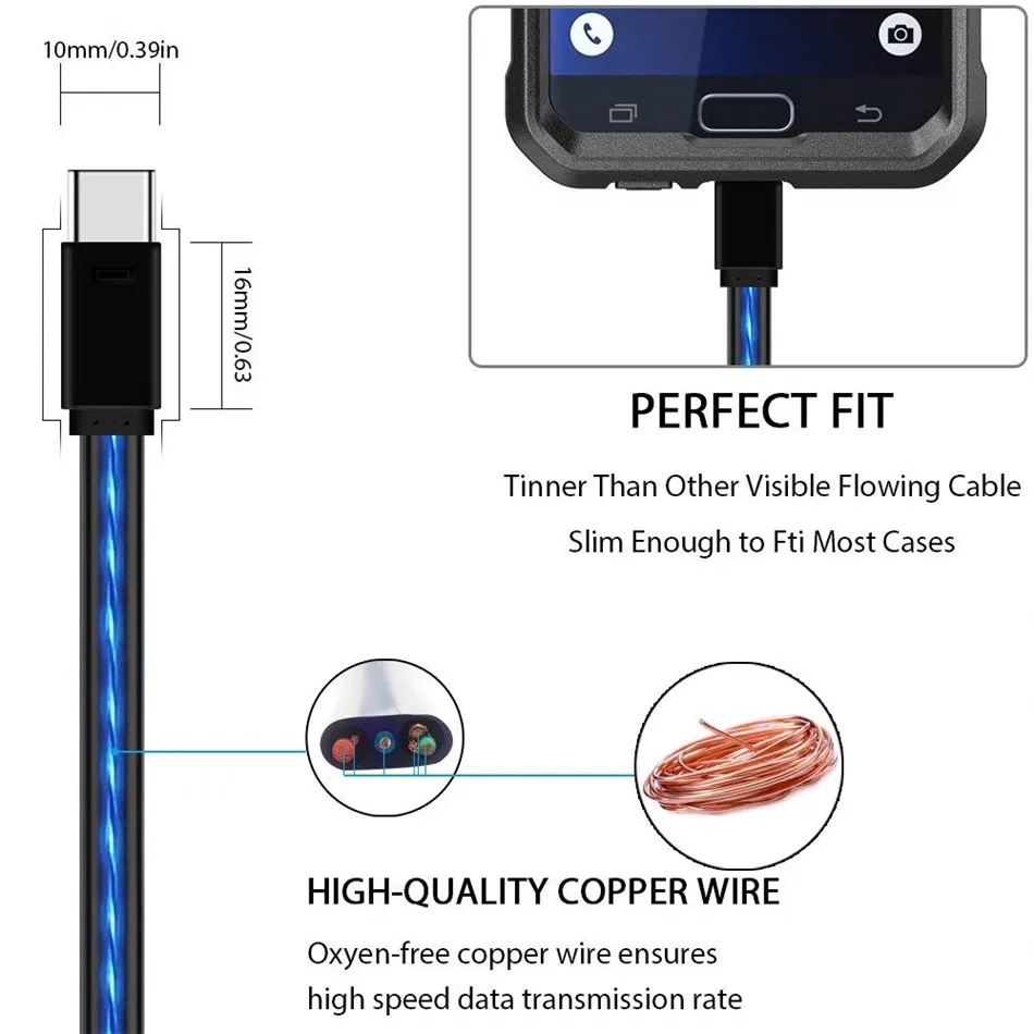 Micro USB течёт светодиодный светящийся зарядное Освещение кабель для iPhone 6S type C зарядное устройство автоматическое отключение 2.4A Макс Быстрая зарядка шнур для передачи данных