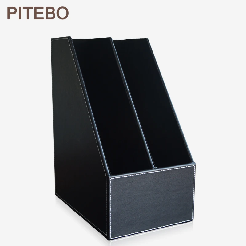 Pitebo 2 Slot Wood Leather Desk File Document Holder Tray Box