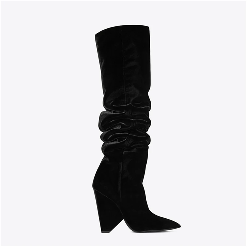 BuonoScarpe Leather Knee High Boots Woman Pointed Toe Strange High Heel Shoes Women Chic Spike Heel Long Pleated Boots New