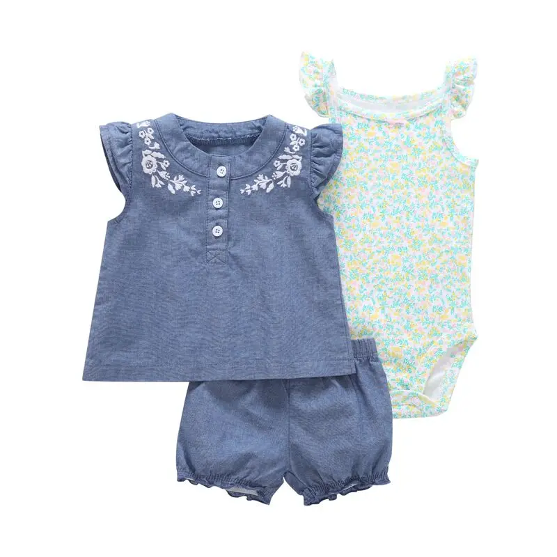 Комплект одежды из 3 предметов для маленьких девочек, лето, Детский боди для маленьких девочек+ топы+ шорты, мягкая хлопковая одежда для детей, Bebies