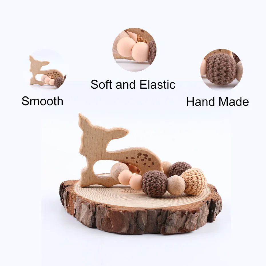 Let's make 1pc Wood Teething Bracelet Beech Wood Animal Elephant Deer Crochet Beads Nursing Bracelet Accessories Baby Teethers