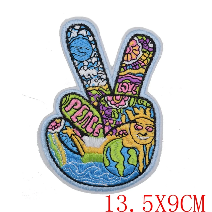 Знак V Победная рука Hippie Peace& Love Symbol Луна и солнце Радуга Рок Панк Ретро пришить Аппликация Железо на патч Байкерская нашивка на жилет