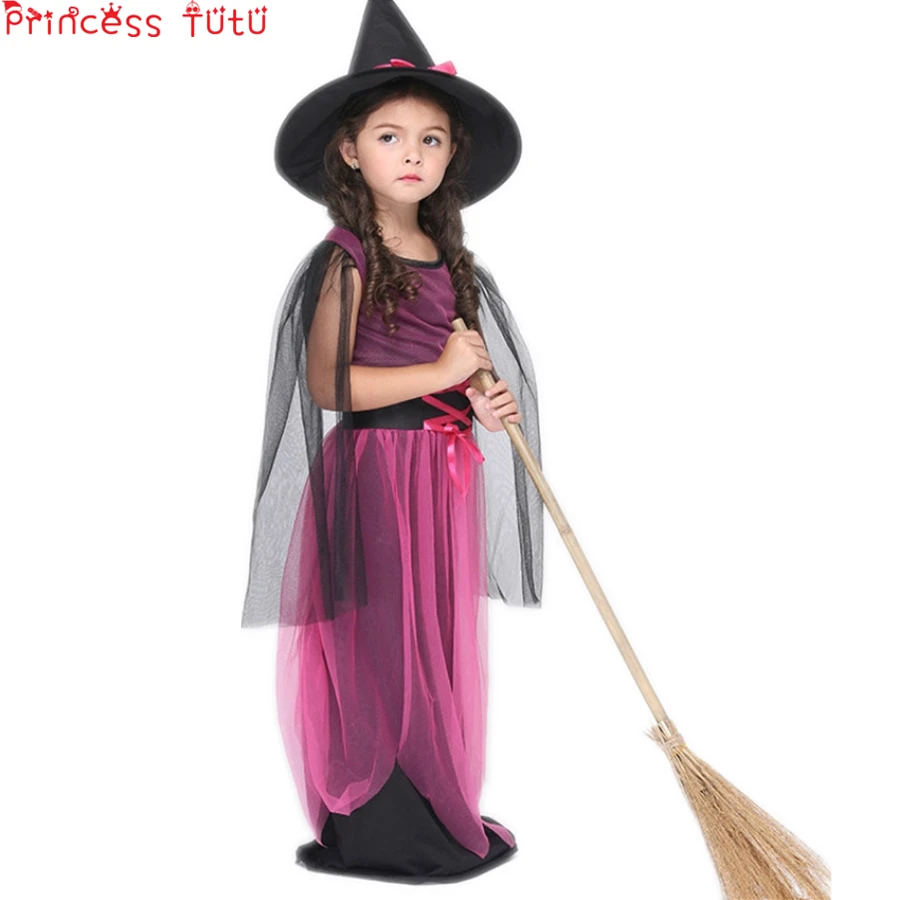 

PRINCESS TUTU Purple Evil Witch Costume With Hat Girls Clothing Sets Halloween Costume For Kids Girls Dresses Cosplay KC012
