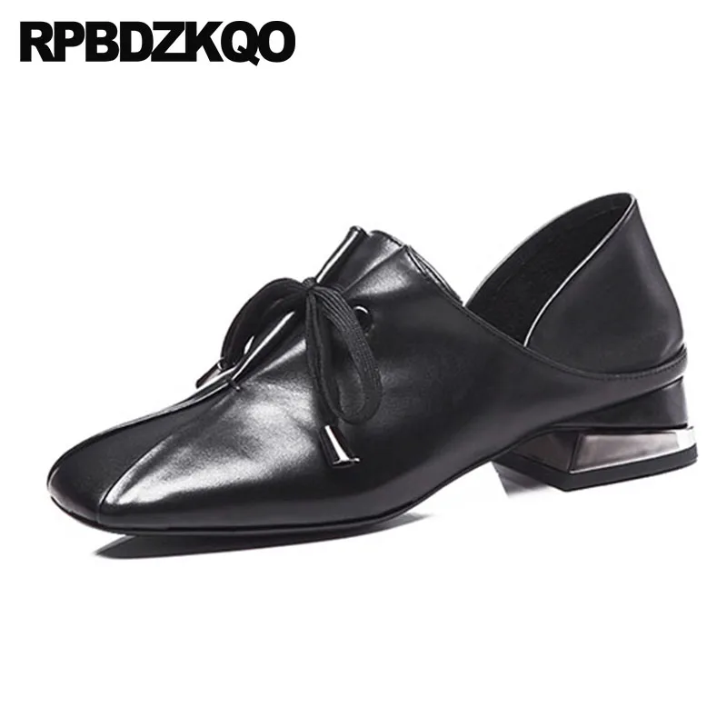 

Lace Up Cool Shoes Handmade Dress Low Heels Size 4 34 Block 2018 Novelty Genuine Leather Square Toe Black Abnormal Ladies Pumps