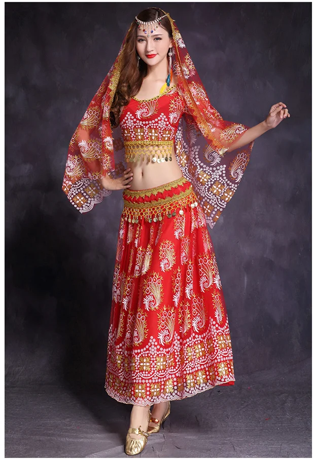 Болливуд танцевальные костюмы Индийский танец живота костюмы набор для женщин шифон Болливуда 5 шт. (заставки вуаль верхнего пояса юбки)