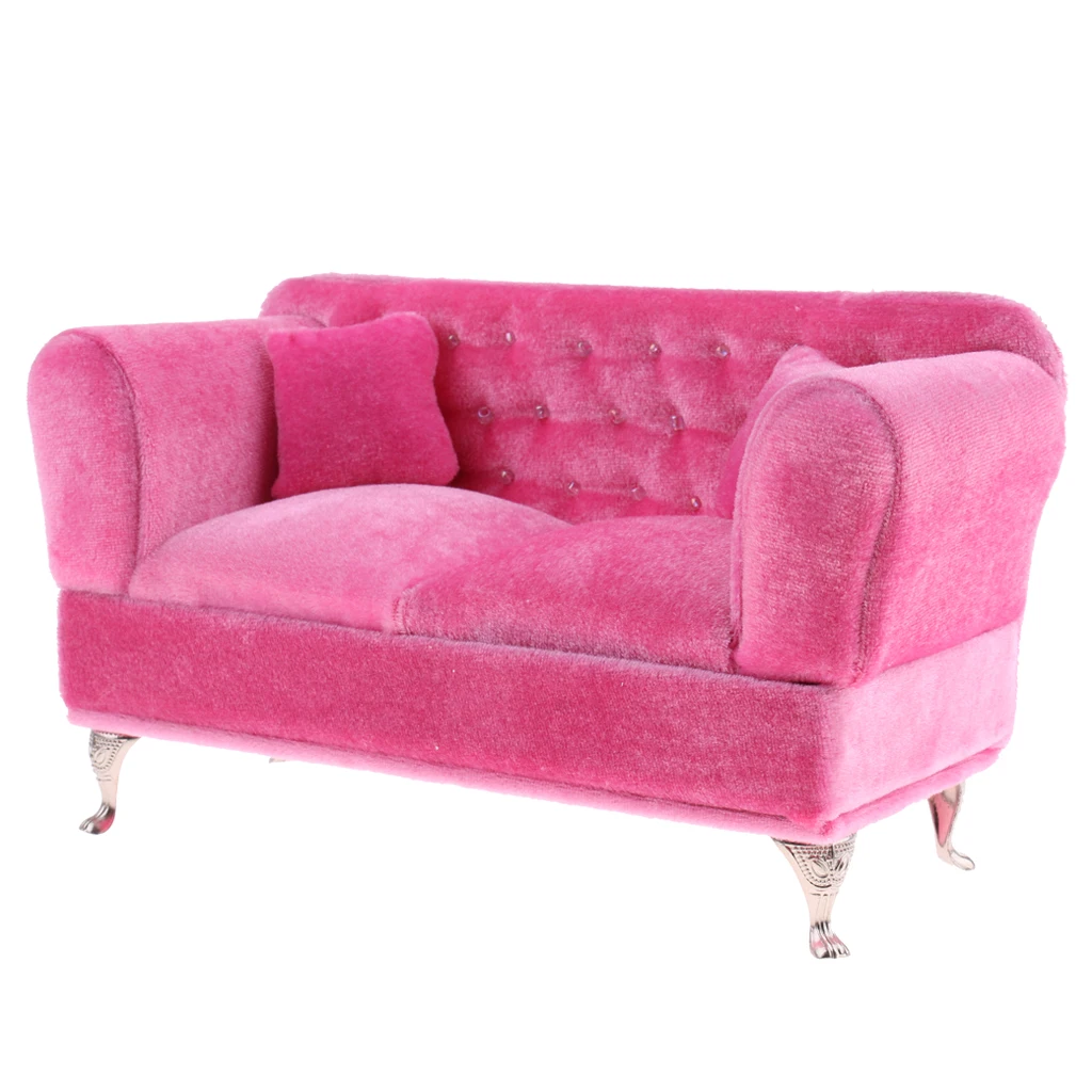 Dollhouse Pink Double Couch Long Sofa with Cushions Living Room Furniture Decor for 1/6 Scale Dolls Accessories Life Scenes