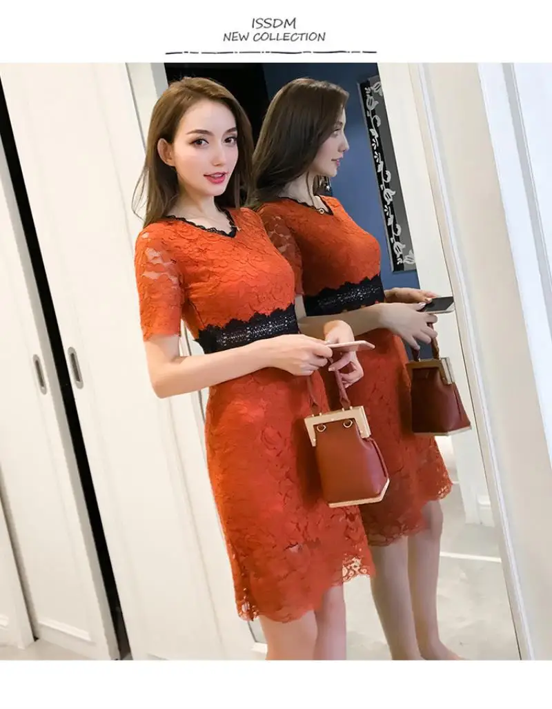 2018 New Red Blue Spring Summer Lace Women dress Short Sleeve Slim Collect Waist In Long Dresses S-XL