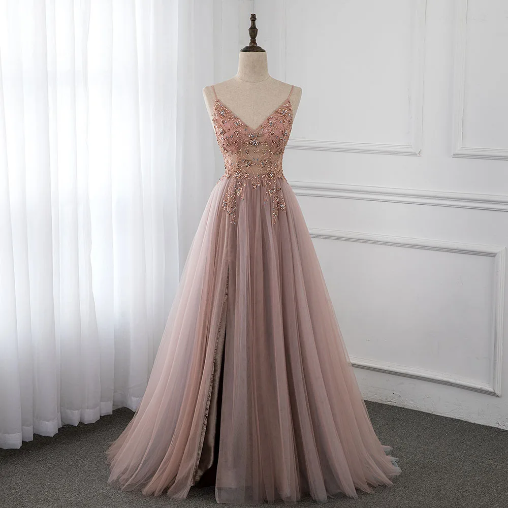 Zoete Oudroze Crystal Prom Dresses Lange Bandjes Spaghetti See Through Tulle Avondjurk Slit Rechts Yqlnne Zoete Oudroze Crystal Prom Dresses Lange Bandjes Spaghetti See Through Tulle Avondjurk Slit Rechts Yqlnne
